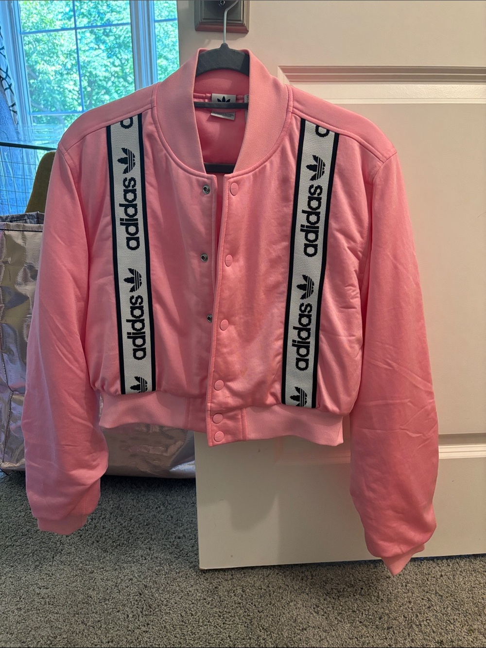 adidas Pink Logo-Stripe Varsity Bomber Jacket - medium